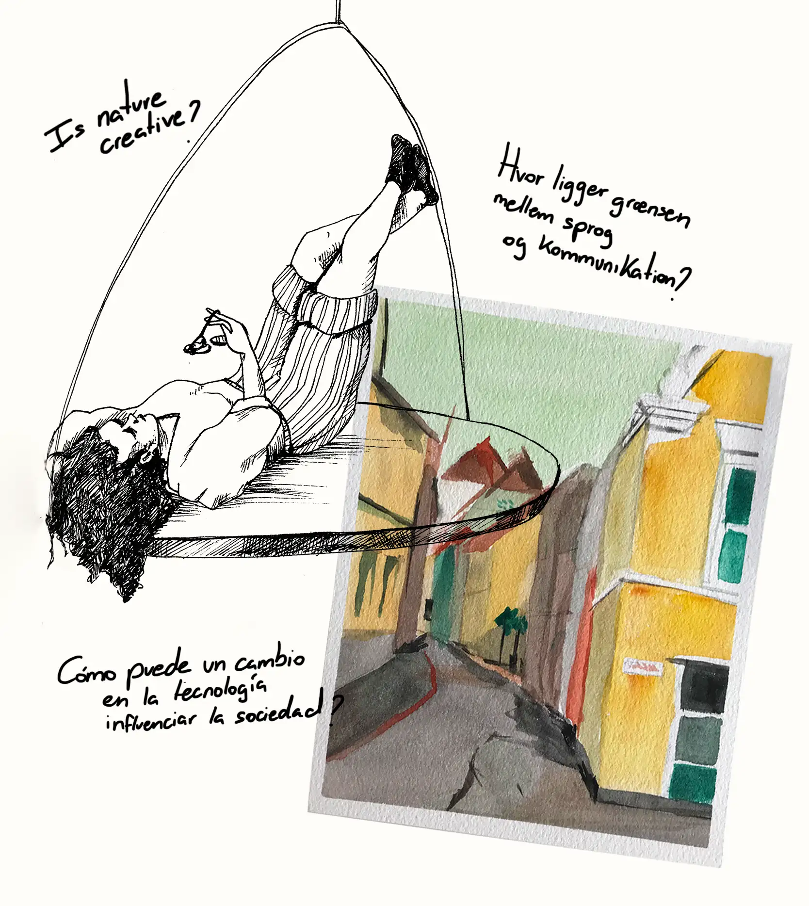 Drawing with girl in ink and old street with gouache